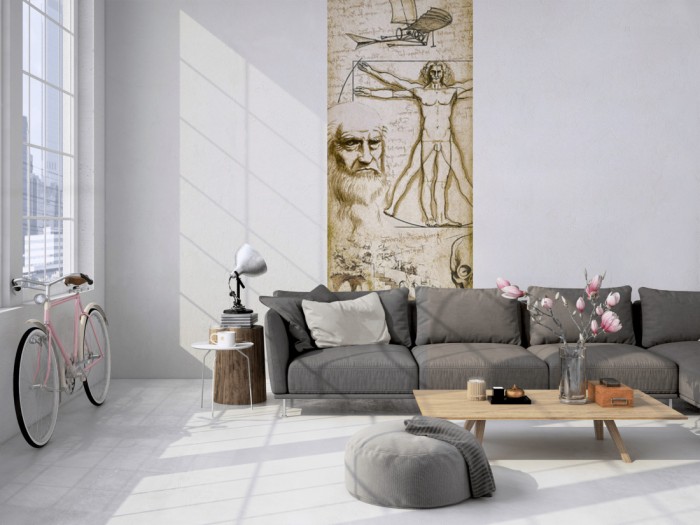 Das Design-Fotopanel Werke von Leonardo da Vinci tapeziert in einem Loft. Bestelle die Bildtapete für Deine Wand online.