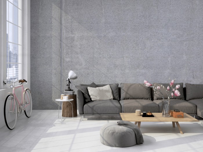 Die Fototapete Beton Wand, Sichtbeton pur auf einer großen Wand im Loft tapeziert. Die Fototapete Beton Wand, Sichtbeton pur wird individuell auf Deine Wand angepasst.