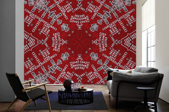 Im Wohnzimmer die Designer-Fototapete Kaleidoskop Electric 1, Artwork by Mylumi auf einer großen Wand tapeziert. Die Designer-Fototapete Kaleidoskop Electric 1, Artwork by Mylumi ist als Vlies-Fototapete im Wohnzimmer leicht zu tapezieren.