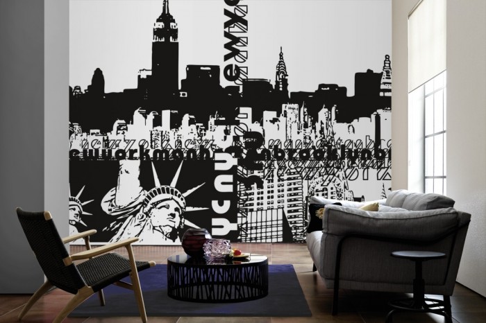 Im Wohnzimmer die Design-Fototapete New York USA, Artwork auf einer großen Wand tapeziert. Die Design-Fototapete New York USA, Artwork ist als Vlies-Fototapete im Wohnzimmer leicht zu tapezieren.