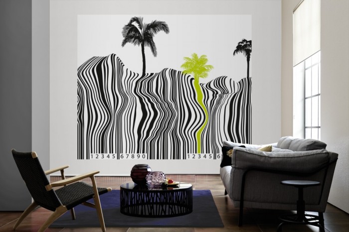 Die Design-Fototapete Palmen Strand als Barcode als große Bildtapete im Wohnzimmer. Als Bildtapete ist die Design-Fototapete Palmen Strand als Barcode ein besonderes Highlight auf Vliestapete.