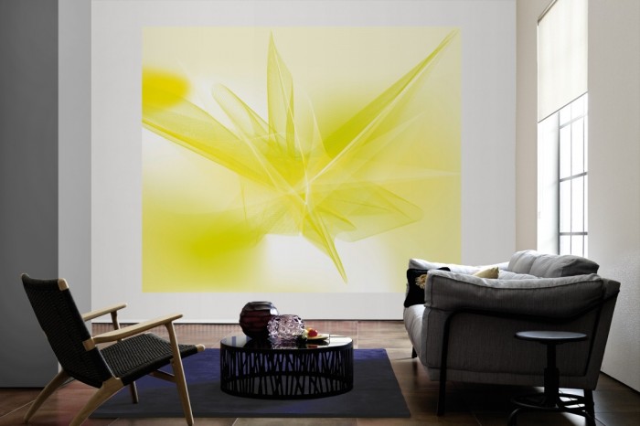 Die Design-Fototapete 3D-Geometrie plastische Formen Grün als große Bildtapete im Wohnzimmer. Als Bildtapete ist die Design-Fototapete 3D-Geometrie plastische Formen Grün ein besonderes Highlight auf Vliestapete.