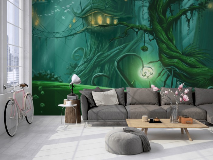 Die Fototapete Märchenwald mit Baumhäusern auf einer großen Wand im Loft tapeziert. Die Fototapete Märchenwald mit Baumhäusern wird individuell auf Deine Wand angepasst.