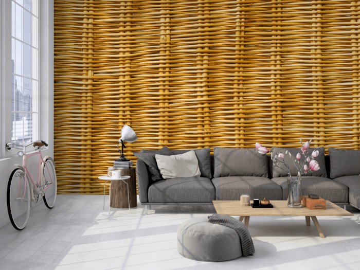 Die Fototapete Holz Wand, Rattan Geflecht auf einer großen Wand im Loft tapeziert. Die Fototapete Holz Wand, Rattan Geflecht wird individuell auf Deine Wand angepasst.