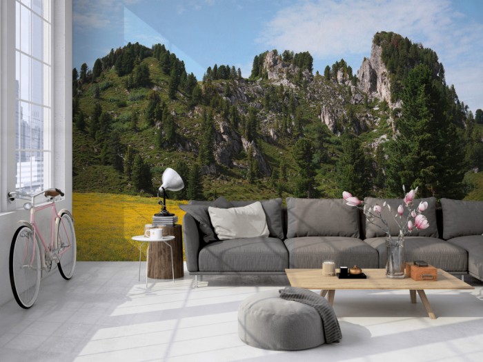 Die Fototapete Alpen Österreich, Grüner Berg auf einer großen Wand im Loft tapeziert. Die Fototapete Alpen Österreich, Grüner Berg wird individuell auf Deine Wand angepasst.