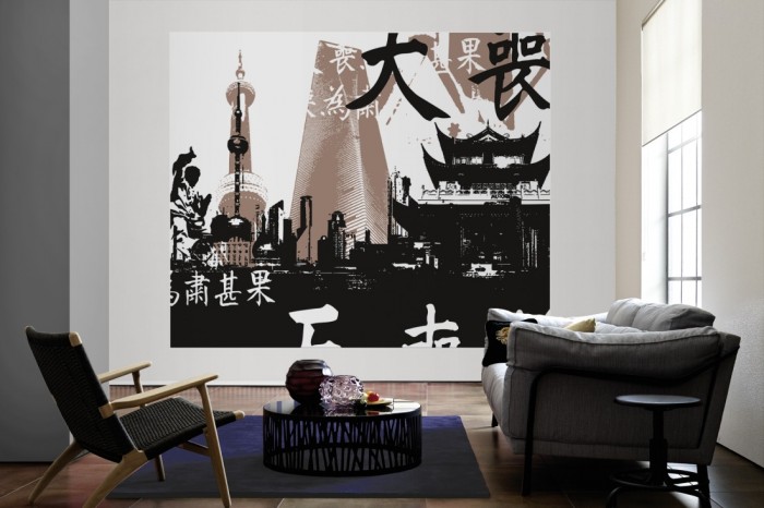 Die Design-Fototapete Shanghai China, Artwork als große Bildtapete im Wohnzimmer. Als Bildtapete ist die Design-Fototapete Shanghai China, Artwork ein besonderes Highlight auf Vliestapete.