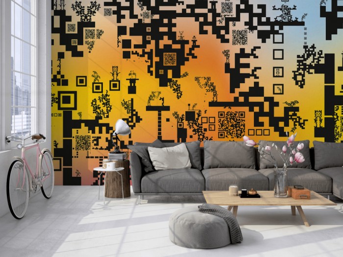 Die Design-Fototapete Geometrie QR-Codes auf einer großen Wand im Loft tapeziert. Die Design-Fototapete Geometrie QR-Codes wird individuell auf Deine Wand angepasst.