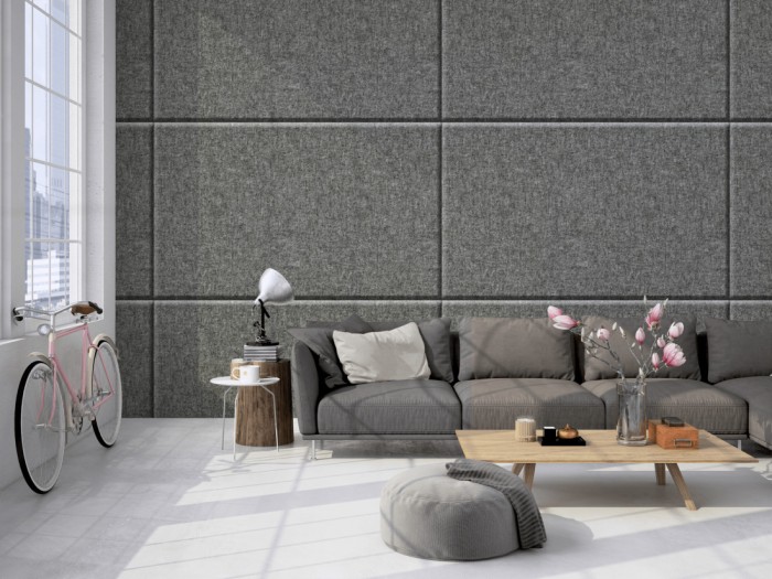 Die Fototapete Filz Rechtecke auf einer großen Wand im Loft tapeziert. Die Fototapete Filz Rechtecke wird individuell auf Deine Wand angepasst.