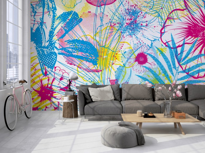 Die Designer-Fototapete Chamäleon-Effekt Blumen auf einer großen Wand im Loft tapeziert. Die Designer-Fototapete Chamäleon-Effekt Blumen wird individuell auf Deine Wand angepasst.