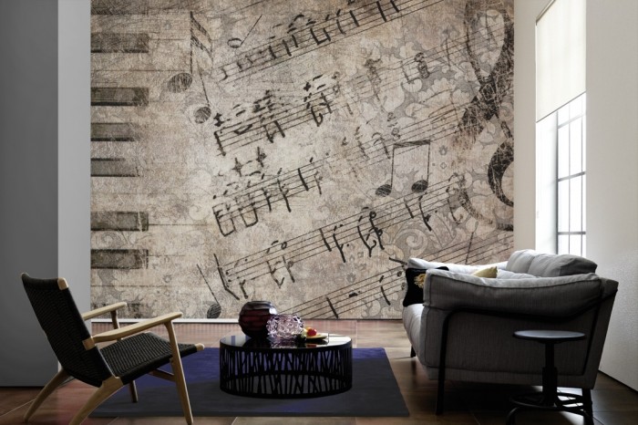 Im Wohnzimmer die Design-Fototapete Musik Vintage, Artwork auf einer großen Wand tapeziert. Die Design-Fototapete Musik Vintage, Artwork ist als Vlies-Fototapete im Wohnzimmer leicht zu tapezieren.