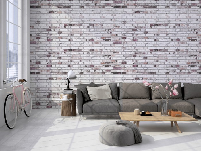 Die Fototapete Ziegel Wand, weiße Steinwand auf einer großen Wand im Loft tapeziert. Die Fototapete Ziegel Wand, weiße Steinwand wird individuell auf Deine Wand angepasst.