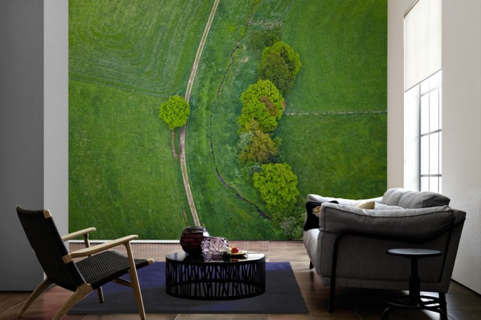 Im Wohnzimmer die Fototapete Luftbild, Grüne Landschaft von oben auf einer großen Wand tapeziert. Die Fototapete Luftbild, Grüne Landschaft von oben ist als Vlies-Fototapete im Wohnzimmer leicht zu tapezieren.