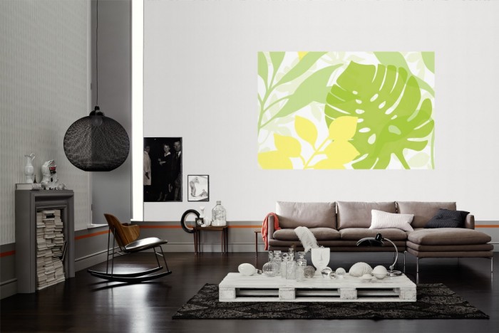 Die Design-Fototapete Blätter, Artwork als Wandbild im Wohnzimmer. Die Vlies-Design-Fototapete Blätter, Artwork verschönert als Wandbild Deine Wand.