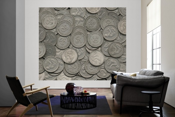 Die Fototapete Münzen, 50 Pfennig als große Bildtapete im Wohnzimmer. Als Bildtapete ist die Fototapete Münzen, 50 Pfennig ein besonderes Highlight auf Vliestapete.