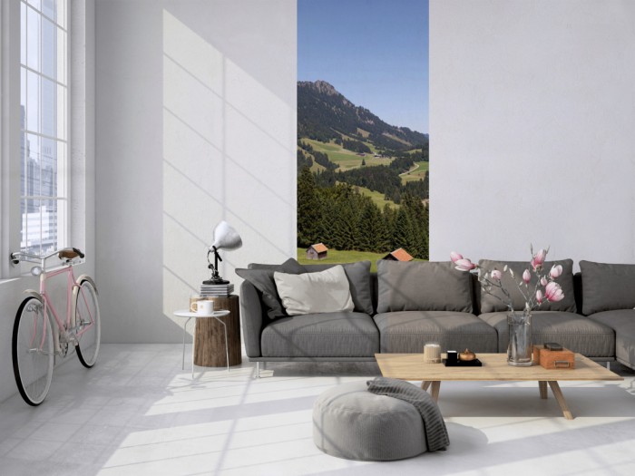 Das 3D-Fotopanel Blick durch das Tal der Berge tapeziert in einem Loft. Bestelle die Bildtapete für Deine Wand online.