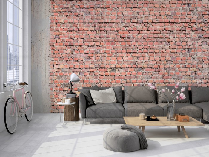 Die Fototapete Ziegel Wand, alte Stein Fassade auf einer großen Wand im Loft tapeziert. Die Fototapete Ziegel Wand, alte Stein Fassade wird individuell auf Deine Wand angepasst.