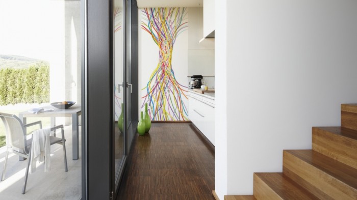 Ein Foto von dem 3D-Design-Fotopanel Gebundene Linen auf Weiß, Artwork tapeziert in der Küche. Bestelle Deine Bildtapete online.