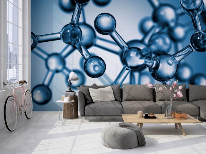 Die Fototapete Struktur der Moleküle auf einer großen Wand im Loft tapeziert. Die Fototapete Struktur der Moleküle wird individuell auf Deine Wand angepasst.