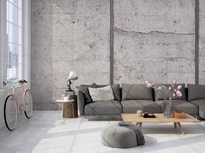 Die Fototapete Beton Wand, Waschbeton auf einer großen Wand im Loft tapeziert. Die Fototapete Beton Wand, Waschbeton wird individuell auf Deine Wand angepasst.