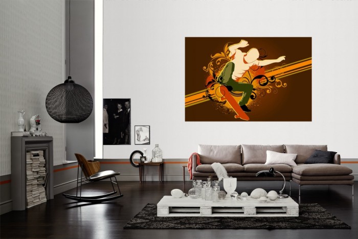 Die Design-Fototapete Skater, Artwork als Wandbild im Wohnzimmer. Die Vlies-Design-Fototapete Skater, Artwork verschönert als Wandbild Deine Wand.