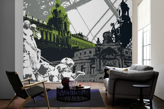 Im Wohnzimmer die Design-Fototapete Dresden Deutschland, Artwork auf einer großen Wand tapeziert. Die Design-Fototapete Dresden Deutschland, Artwork ist als Vlies-Fototapete im Wohnzimmer leicht zu tapezieren.