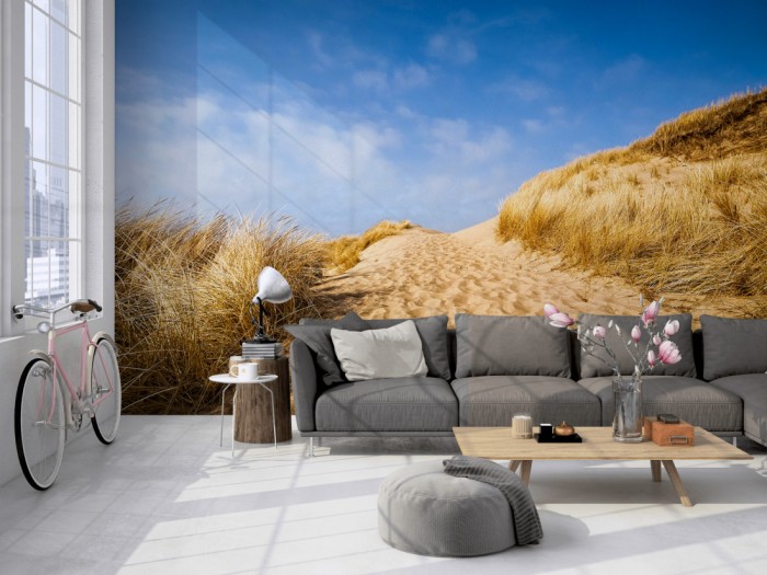 Die Fototapete Sylt, Dünenlandschaft auf einer großen Wand im Loft tapeziert. Die Fototapete Sylt, Dünenlandschaft wird individuell auf Deine Wand angepasst.