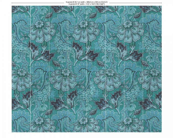 Abmessungen der NLXL Tapete MRV-03 Big Pattern Paola von Mr & Mrs Vintage, in der Variante mit 8 Bahnen.