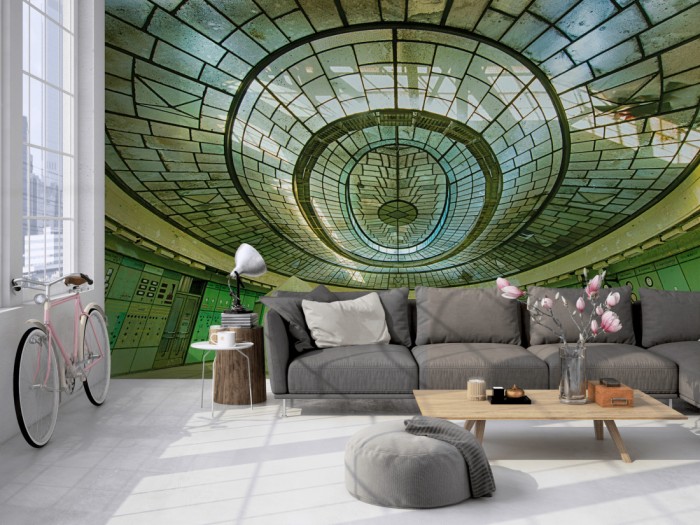 Die Fototapete Altes Kontrollzentrum, Lost Places auf einer großen Wand im Loft tapeziert. Die Fototapete Altes Kontrollzentrum, Lost Places wird individuell auf Deine Wand angepasst.