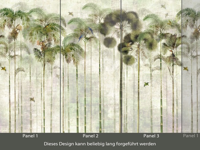 Die grüne Dschungeltapete Animal Palms Wallpaper mit drei verschiedenen Bahnen.