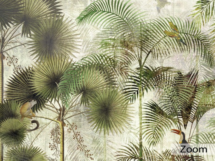 Detailansicht der grünen Dschungeltapete Animal Palms Wallpaper