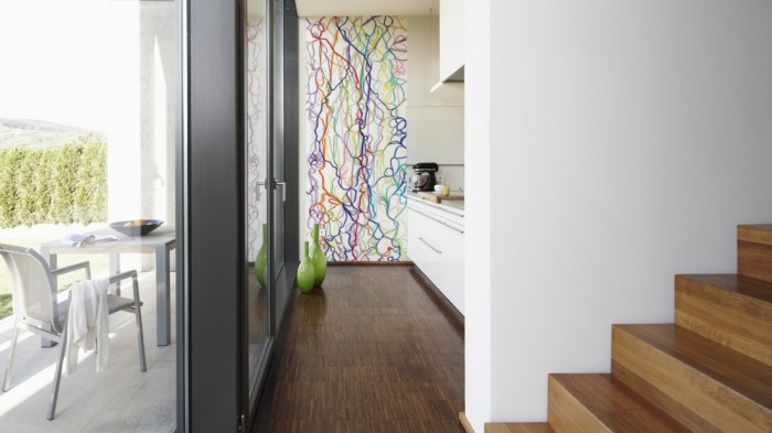 Ein Foto von dem 3D-Design-Fotopanel Bunte Linien, Artwork tapeziert in der Küche. Bestelle Deine Bildtapete online.