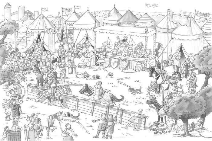 Die Fototapete Fest im Mittelalter, Wimmelbild zum Ausmalen, eine Vlies-Fototapete bei Livingwalls Cologne online kaufen. Die Fototapete Fest im Mittelalter, Wimmelbild zum Ausmalen ist eine Fototapete auf Maß.