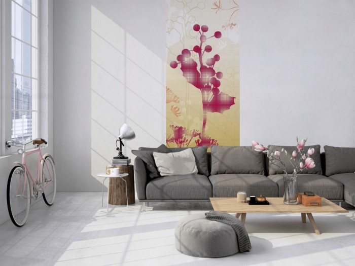 Das Design-Fotopanel Blüten in Gelb-Rot, Artwork tapeziert in einem Loft. Bestelle die Bildtapete für Deine Wand online.