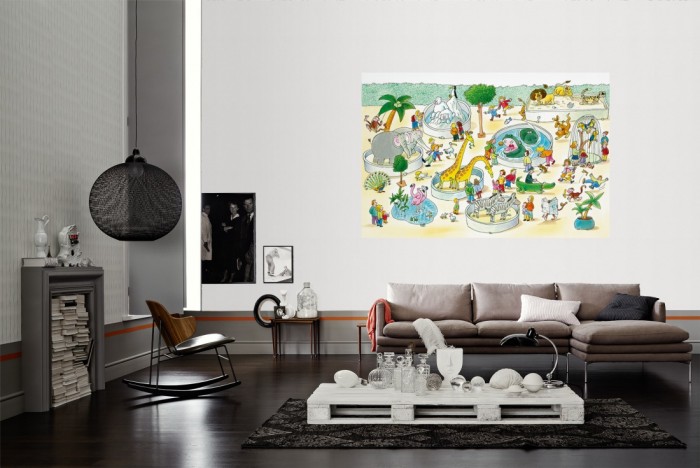 Die Fototapete Zoo, Wimmelbild für Kinder als Wandbild im Wohnzimmer. Die Vlies-Fototapete Zoo, Wimmelbild für Kinder verschönert als Wandbild Deine Wand.