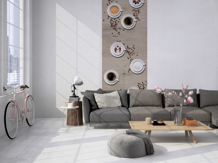 Das 3D-Fotopanel Kaffee Tassen und Bohnen tapeziert in einem Loft. Bestelle die Bildtapete für Deine Wand online.