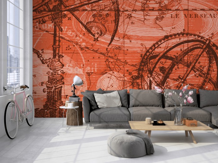 Die Designer-Fototapete Antike Astronomie, Artwork by Mylumi auf einer großen Wand im Loft tapeziert. Die Designer-Fototapete Antike Astronomie, Artwork by Mylumi wird individuell auf Deine Wand angepasst.