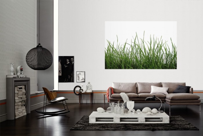 Die Fototapete Gras in Bewegung als Wandbild im Wohnzimmer. Die Vlies-Fototapete Gras in Bewegung verschönert als Wandbild Deine Wand.