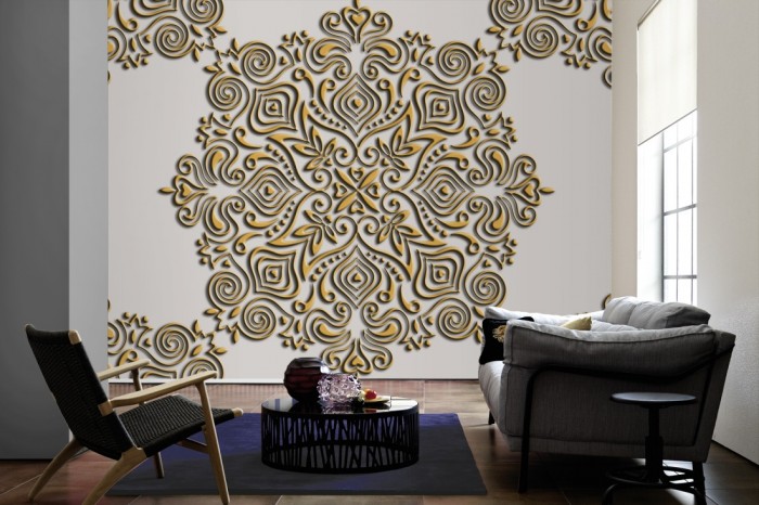 Im Wohnzimmer die Designtapete Barock Ornament, Modern 3D auf einer großen Wand tapeziert. Die Designtapete Barock Ornament, Modern 3D ist als Vlies-Fototapete im Wohnzimmer leicht zu tapezieren.