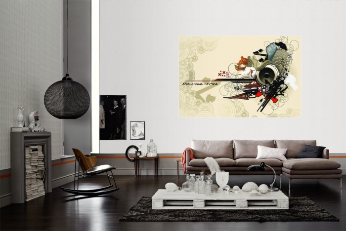 Die Design-Fototapete Urbane Musik, Artwork als Wandbild im Wohnzimmer. Die Vlies-Design-Fototapete Urbane Musik, Artwork verschönert als Wandbild Deine Wand.