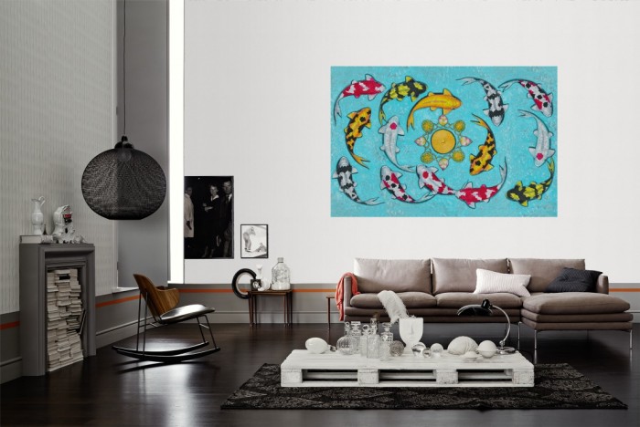 Die Design-Fototapete Koi Fische, Artwork als Wandbild im Wohnzimmer. Die Vlies-Design-Fototapete Koi Fische, Artwork verschönert als Wandbild Deine Wand.