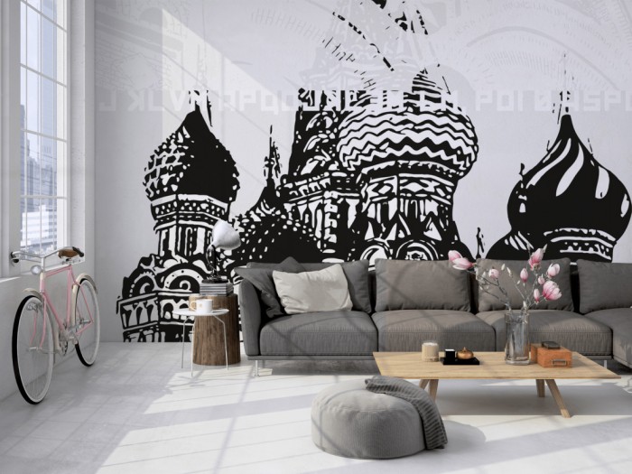 Die Design-Fototapete Moskau Russland, Artwork auf einer großen Wand im Loft tapeziert. Die Design-Fototapete Moskau Russland, Artwork wird individuell auf Deine Wand angepasst.