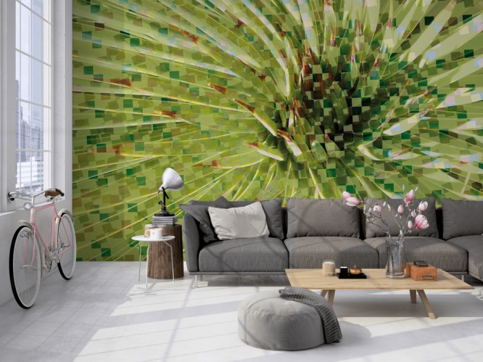 Die Design-Fototapete 3D-Geometrie Blumen Blüte auf einer großen Wand im Loft tapeziert. Die Design-Fototapete 3D-Geometrie Blumen Blüte wird individuell auf Deine Wand angepasst.