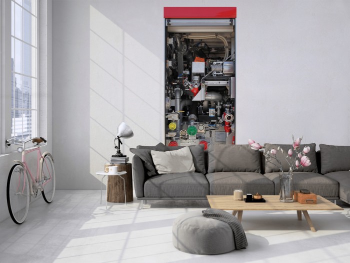 Das 3D Fotopanel Tür eines Feuerwehrautos tapeziert in einem Loft. Bestelle die Bildtapete für Deine Wand online.