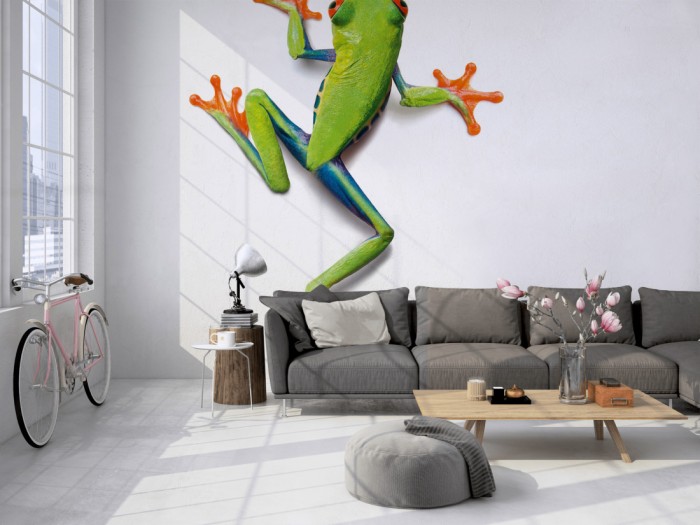 Die Fototapete Frosch Laubfrosch, Fotografie by Mark Laita auf einer großen Wand im Loft tapeziert. Die Fototapete Frosch Laubfrosch, Fotografie by Mark Laita wird individuell auf Deine Wand angepasst.