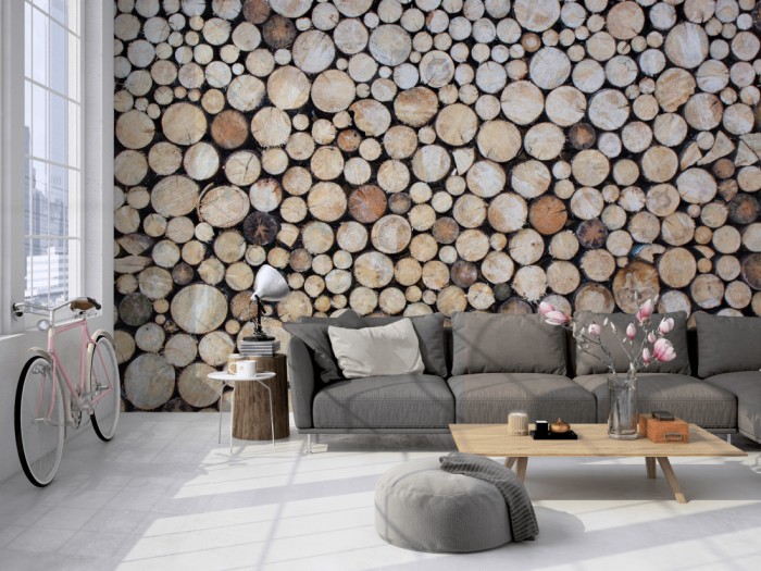 Die Fototapete Holz Wand, helle Baumstämme auf einer großen Wand im Loft tapeziert. Die Fototapete Holz Wand, helle Baumstämme wird individuell auf Deine Wand angepasst.