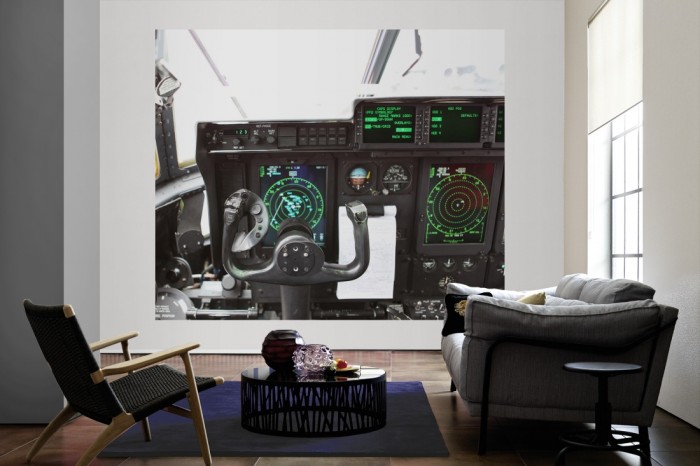 Die Fototapete Flugzeug Cockpit der Piloten als große Bildtapete im Wohnzimmer. Als Bildtapete ist die Fototapete Flugzeug Cockpit der Piloten ein besonderes Highlight auf Vliestapete.