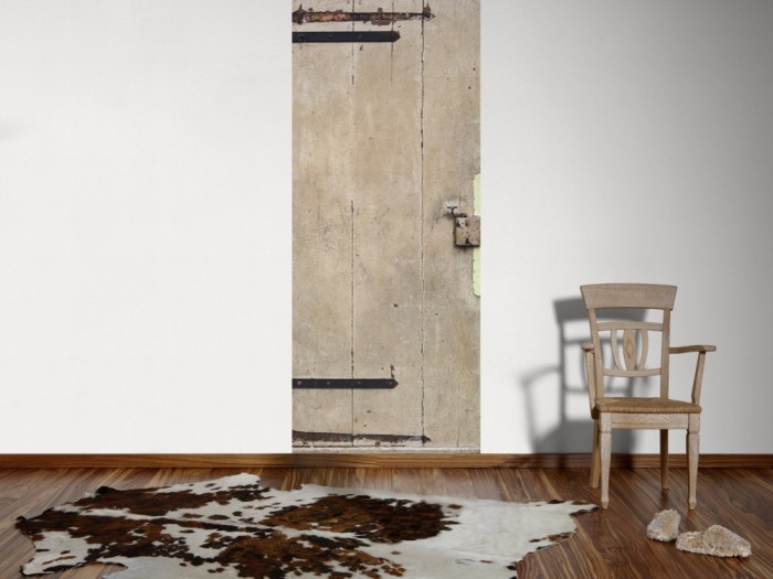 Ein Foto von dem 3D Fotopanel Alte Scheunentür tapeziert an der Wand. Bestelle Deine Bildtapete online.