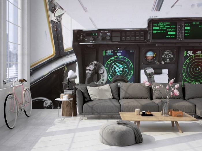 Die Fototapete Flugzeug Cockpit der Piloten auf einer großen Wand im Loft tapeziert. Die Fototapete Flugzeug Cockpit der Piloten wird individuell auf Deine Wand angepasst.