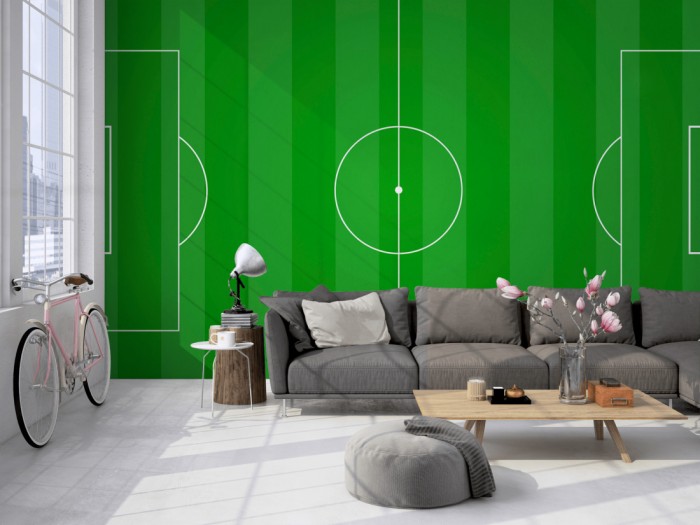 Die Fototapete Fussball Feld auf einer großen Wand im Loft tapeziert. Die Fototapete Fussball Feld wird individuell auf Deine Wand angepasst.