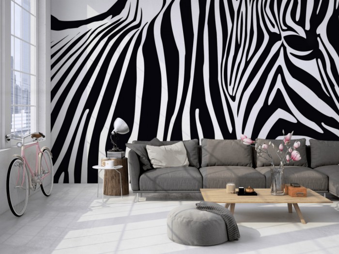 Die Fototapete Zebra, Artwork auf einer großen Wand im Loft tapeziert. Die Fototapete Zebra, Artwork wird individuell auf Deine Wand angepasst.
